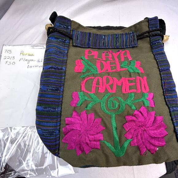 Cloth Purse Bohemian Sling Mexico Playa Del Carmen embroidered cinch lined - Picture 12 of 12